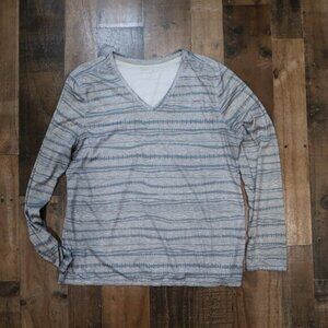 Reel Legends Reel Tec Womans XL UPF Long Sleeve Grey Green Stripe V Neck